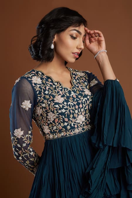 Shop Aayushi Maniar Blue Crepe Silk V Neck Embroidered Kurta Lehenga Set Online at Aza Fashions Shop_Aayushi Maniar_Blue Crepe Silk V Neck Embroidered Kurta Lehenga Set _Online_at_Aza_Fashions