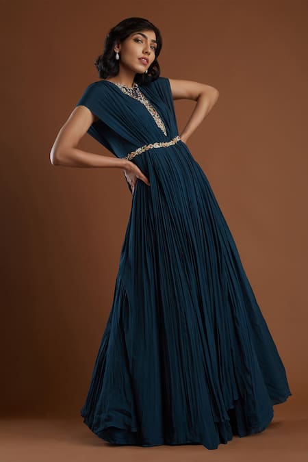 Aayushi Maniar Blue Crepe Silk Round Embroidered Gown Online at Aza Fashions Aayushi Maniar_Blue Crepe Silk Round Embroidered Gown _Online_at_Aza_Fashions