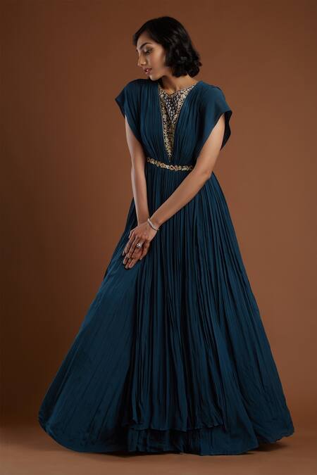Buy Aayushi Maniar Blue Crepe Silk Round Embroidered Gown Online at Aza Fashions Buy_Aayushi Maniar_Blue Crepe Silk Round Embroidered Gown _Online_at_Aza_Fashions