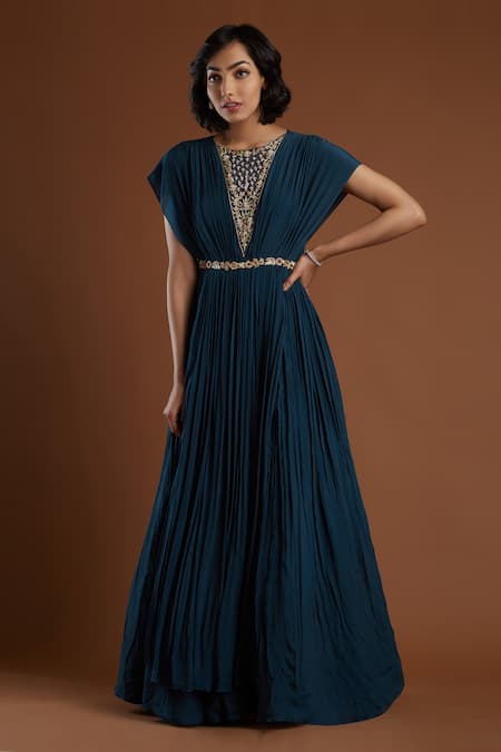 Shop Aayushi Maniar Blue Crepe Silk Round Embroidered Gown Online at Aza Fashions Shop_Aayushi Maniar_Blue Crepe Silk Round Embroidered Gown _Online_at_Aza_Fashions