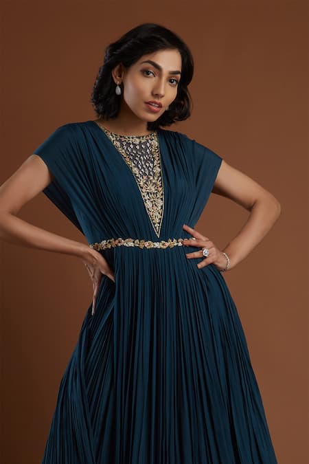 Aayushi Maniar Blue Crepe Silk Round Embroidered Gown at Aza Fashions Aayushi Maniar_Blue Crepe Silk Round Embroidered Gown _at_Aza_Fashions