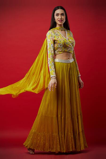 Aayushi Maniar Yellow Tussar Silk, Silk, Butter V Neck Embroidered Lehenga Set Online at Aza Fashions Aayushi Maniar_Yellow Tussar Silk, Silk, Butter V Neck Embroidered Lehenga Set _Online_at_Aza_Fashions