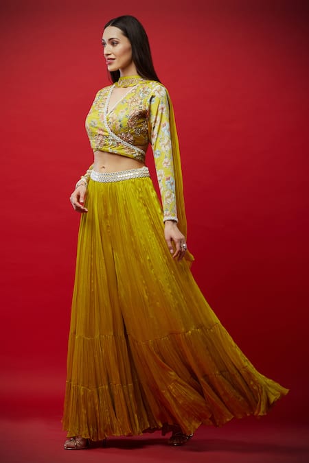Buy Aayushi Maniar Yellow Tussar Silk, Silk, Butter V Neck Embroidered Lehenga Set Online at Aza Fashions Buy_Aayushi Maniar_Yellow Tussar Silk, Silk, Butter V Neck Embroidered Lehenga Set _Online_at_Aza_Fashions