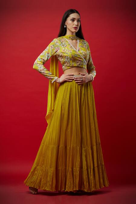 Shop Aayushi Maniar Yellow Tussar Silk, Silk, Butter V Neck Embroidered Lehenga Set Online at Aza Fashions Shop_Aayushi Maniar_Yellow Tussar Silk, Silk, Butter V Neck Embroidered Lehenga Set _Online_at_Aza_Fashions