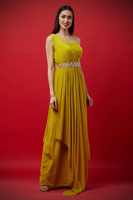 Aayushi Maniar Yellow Silk, Butter Asymmetric Draped One Shoulder Gown Online at Aza Fashions Aayushi Maniar_Yellow Silk, Butter Asymmetric Draped One Shoulder Gown _Online_at_Aza_Fashions