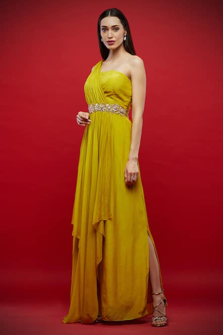 Buy Aayushi Maniar Yellow Silk, Butter Asymmetric Draped One Shoulder Gown Online at Aza Fashions Buy_Aayushi Maniar_Yellow Silk, Butter Asymmetric Draped One Shoulder Gown _Online_at_Aza_Fashions