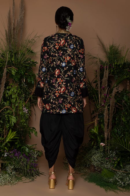 Shop Samatvam By Anjali Bhaskar Black Crepe, Habutai Silk V Neck Jumpsuit With Embroidered Jacket at Aza Fashions Shop_Samatvam By Anjali Bhaskar_Black Crepe, Habutai Silk V Neck Jumpsuit With Embroidered Jacket_at_Aza_Fashions