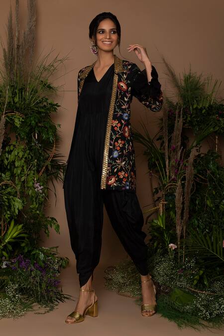 Samatvam By Anjali Bhaskar Black Crepe, Habutai Silk V Neck Jumpsuit With Embroidered Jacket Online at Aza Fashions Samatvam By Anjali Bhaskar_Black Crepe, Habutai Silk V Neck Jumpsuit With Embroidered Jacket_Online_at_Aza_Fashions