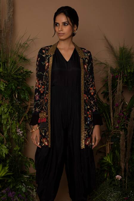 Shop Samatvam By Anjali Bhaskar Black Crepe, Habutai Silk V Neck Jumpsuit With Embroidered Jacket Online at Aza Fashions Shop_Samatvam By Anjali Bhaskar_Black Crepe, Habutai Silk V Neck Jumpsuit With Embroidered Jacket_Online_at_Aza_Fashions