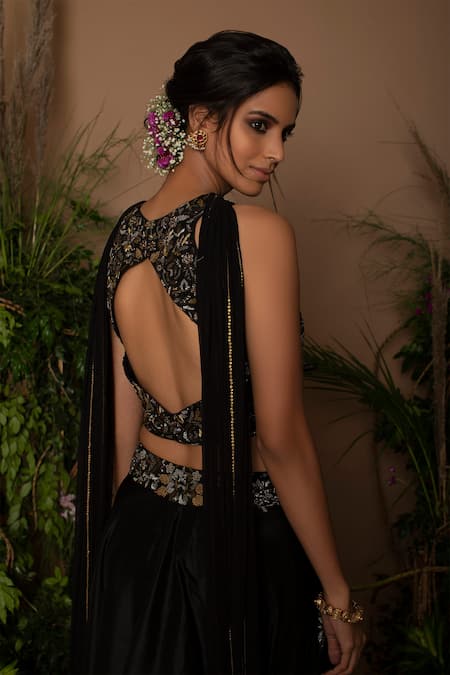 Shop Samatvam By Anjali Bhaskar Black Habutai Silk, Rayon Round Embroidered Lehenga Set at Aza Fashions Shop_Samatvam By Anjali Bhaskar_Black Habutai Silk, Rayon Round Embroidered Lehenga Set _at_Aza_Fashions