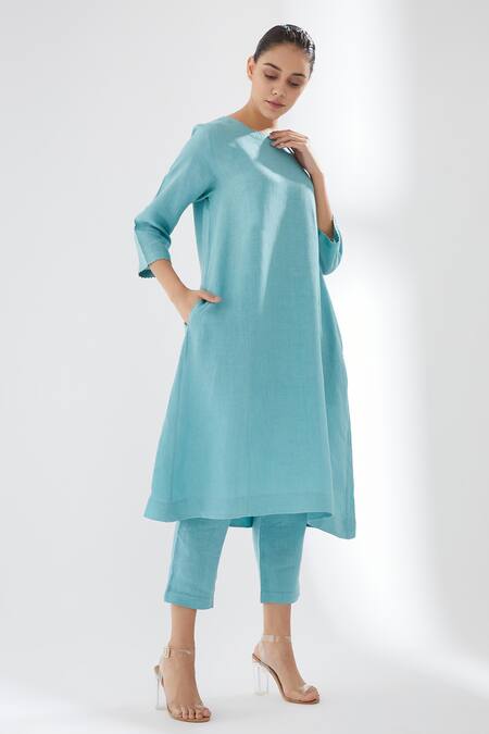 Brih_Blue Linen Kurta And Pant Set_Online_at_Aza_Fashions