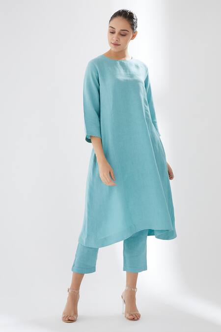 Buy_Brih_Blue Linen Kurta And Pant Set_Online_at_Aza_Fashions