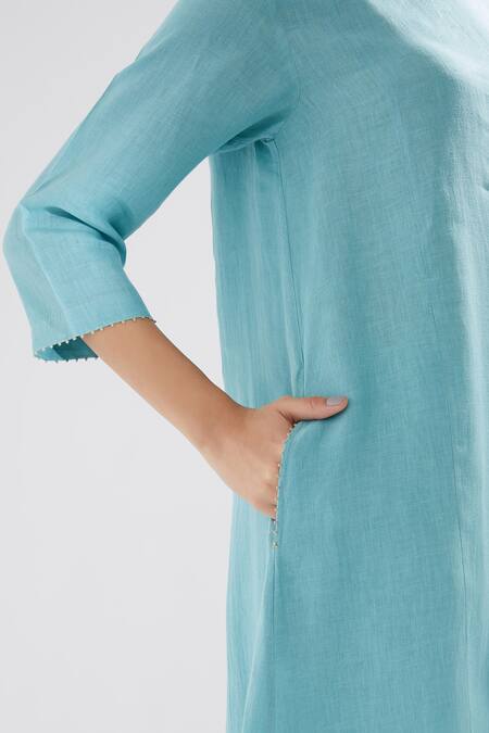 Brih_Blue Linen Kurta And Pant Set_at_Aza_Fashions