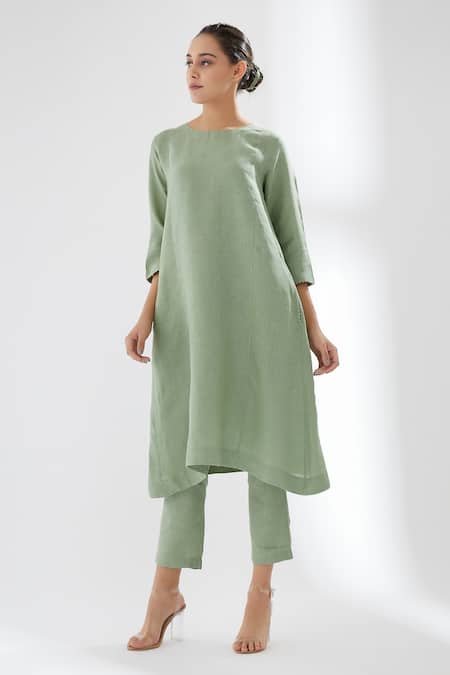Brih_Green Linen Kurta And Pant Set_Online_at_Aza_Fashions
