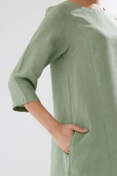 Shop_Brih_Green Linen Kurta And Pant Set_Online_at_Aza_Fashions