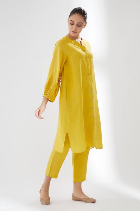 Brih Yellow Linen Kurta And Pant Set Online at Aza Fashions Brih_Yellow Linen Kurta And Pant Set_Online_at_Aza_Fashions