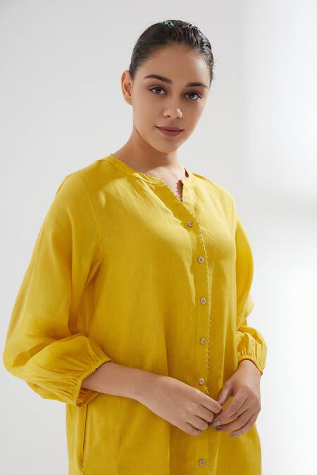 Shop Brih Yellow Linen Kurta And Pant Set Online at Aza Fashions Shop_Brih_Yellow Linen Kurta And Pant Set_Online_at_Aza_Fashions