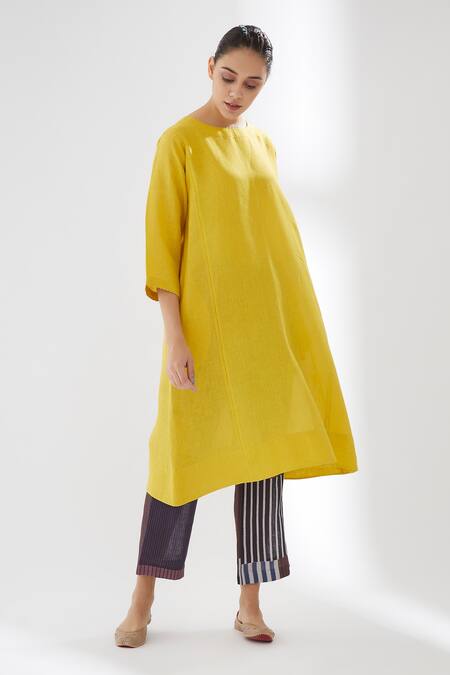 Brih_Yellow Linen Kurta And Pant Set_Online_at_Aza_Fashions