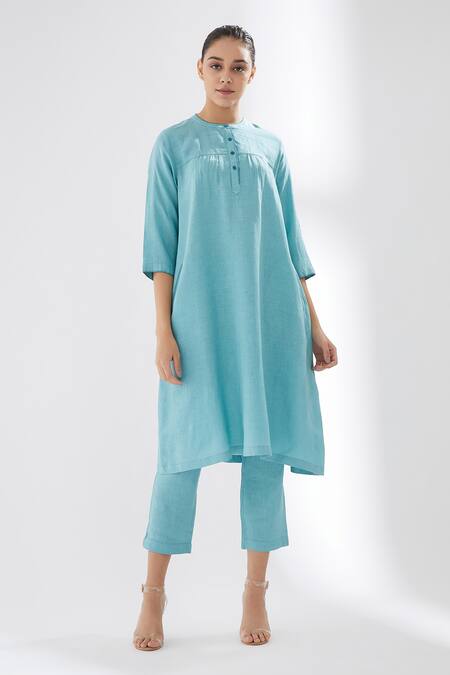 Brih_Blue Linen Kurta And Pant Set_Online_at_Aza_Fashions