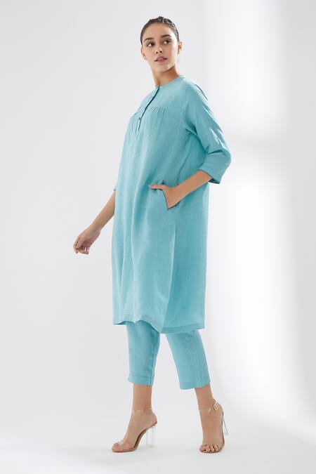Buy_Brih_Blue Linen Kurta And Pant Set_Online_at_Aza_Fashions