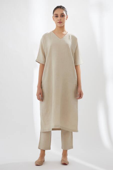 Brih Beige Linen Kurta And Pant Set 4