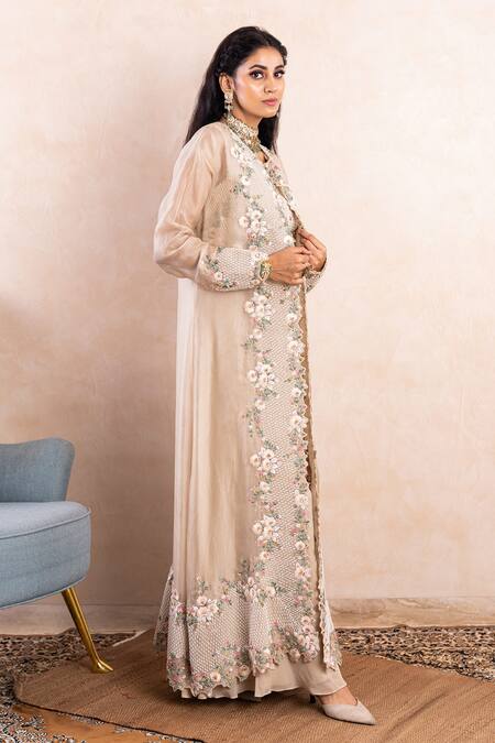 Shikha And Srishti Design_Ivory Jacket Organza, Pant Georgette Pearls, 3d Crop Top Embroidered Set _Online_at_Aza_Fashions