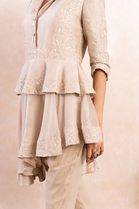Buy_Shikha And Srishti Design_Ivory Crepe Cutdana, Thread Notched Lapel Embroidered Peplum Tunic And Pant Set _Online_at_Aza_Fashions