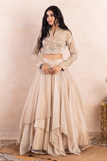 Shikha And Srishti Design_Beige Lehenga Organza Cutdana, Thread Mandarin Collar Embroidered Jacket And Set _Online_at_Aza_Fashions