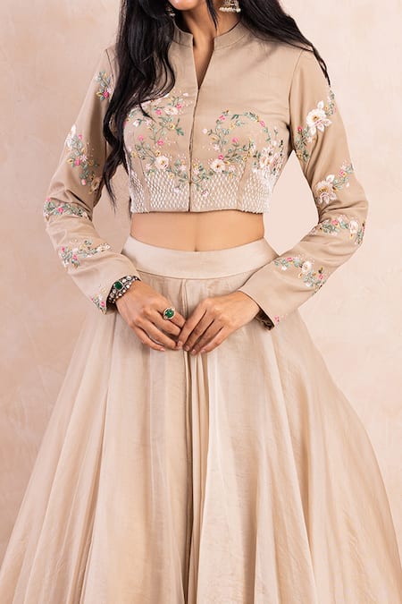 Buy Oyster Net Lehenga And Crop Top With 3D Petal Motifs And An Open Back  KALKI Fashion India