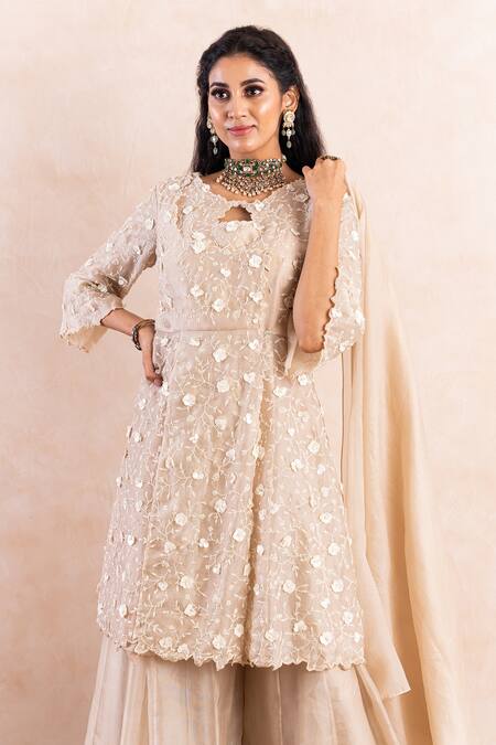 Shikha And Srishti Design_Beige Crepe Cutdana, Sequins, Swarovski Cut-out Embroidered Kurta Sharara Set _Online_at_Aza_Fashions