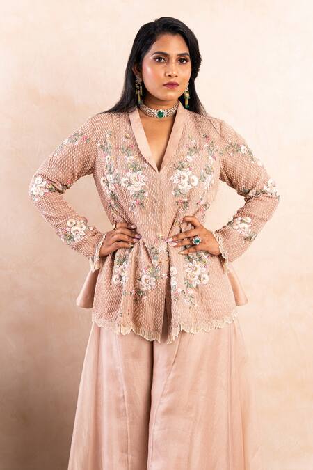 Shikha And Srishti Design_Peach Crepe Cutdana, Pearls, Thread Lapel Embroidered Jacket And Sharara Set _Online_at_Aza_Fashions