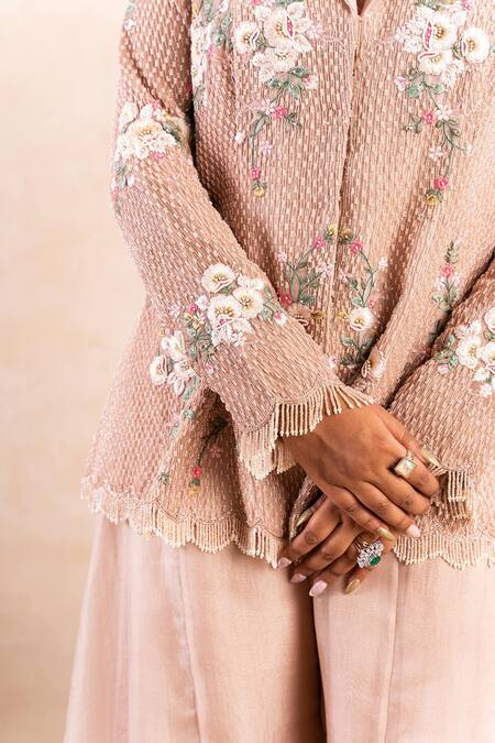 Buy_Shikha And Srishti Design_Peach Crepe Cutdana, Pearls, Thread Lapel Embroidered Jacket And Sharara Set _Online_at_Aza_Fashions