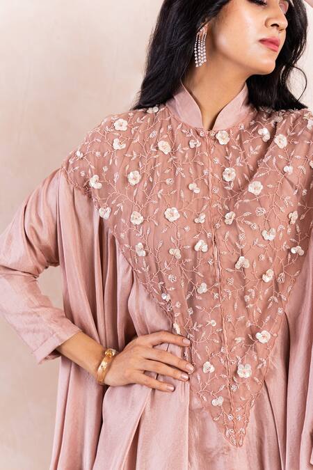 Shop_Shikha And Srishti Design_Pink Silk Cutdana, Pearls, Thread Mandarin Collar Embroidered Tunic And Pant Set _Online_at_Aza_Fashions