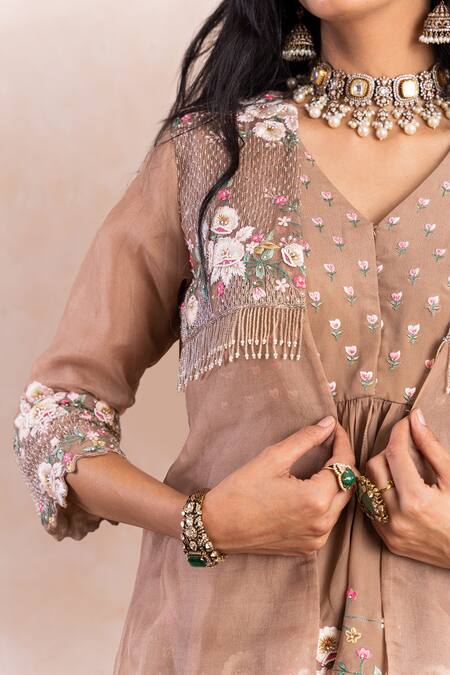 Buy_Shikha And Srishti Design_Beige Jacket Organza, Pant Crepe Cutdana, Pearl Embroidered Peplum And Set _Online_at_Aza_Fashions