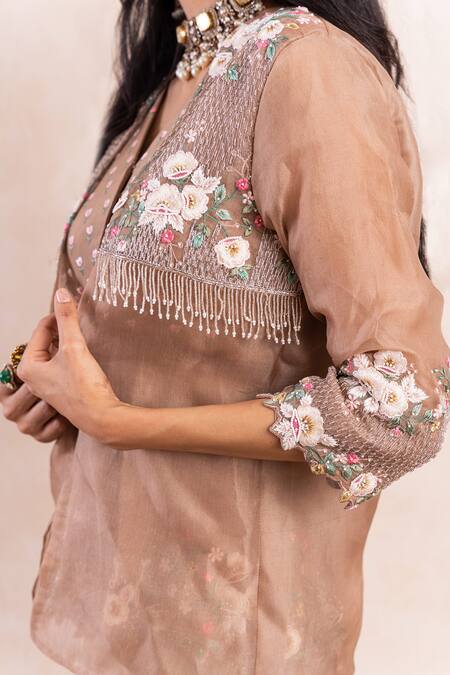 Shop_Shikha And Srishti Design_Beige Jacket Organza, Pant Crepe Cutdana, Pearl Embroidered Peplum And Set _Online_at_Aza_Fashions