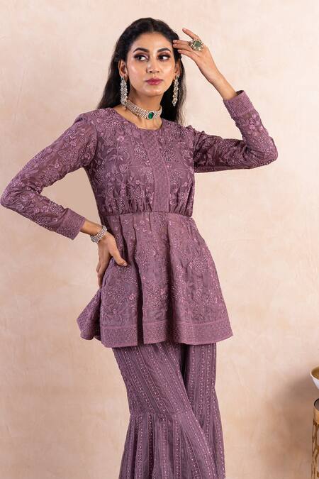 Shikha And Srishti Design_Purple Organza Dori, Applique Work Round Embroidered Peplum Kurta And Sharara Set _Online_at_Aza_Fashions