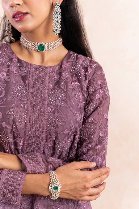 Buy_Shikha And Srishti Design_Purple Organza Dori, Applique Work Round Embroidered Peplum Kurta And Sharara Set _Online_at_Aza_Fashions