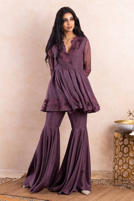 Shikha And Srishti Design_Purple Silk Beads, 3d Cutwork Embroidered Peplum Kurta And Sharara Set _Online_at_Aza_Fashions