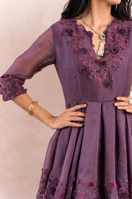 Shop_Shikha And Srishti Design_Purple Silk Beads, 3d Cutwork Embroidered Peplum Kurta And Sharara Set _Online_at_Aza_Fashions