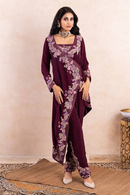 Shikha And Srishti Design_Purple Crepe Cutdana, Pearls, Thread V Embroidered Asymmetric Jacket And Pant Set _Online_at_Aza_Fashions