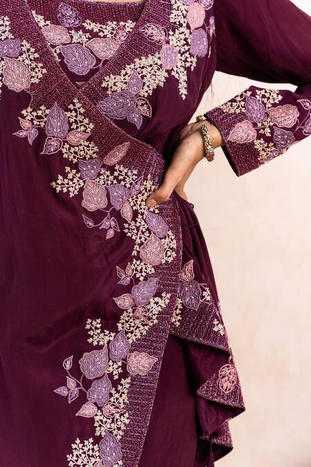 Buy_Shikha And Srishti Design_Purple Crepe Cutdana, Pearls, Thread V Embroidered Asymmetric Jacket And Pant Set _Online_at_Aza_Fashions