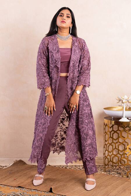 Shikha And Srishti Design_Purple Jacket Organza, Pant Crepe Beads, 3d Jacket Open Embroidered And Set _Online_at_Aza_Fashions