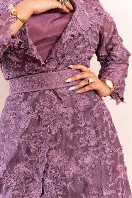 Buy_Shikha And Srishti Design_Purple Jacket Organza, Pant Crepe Beads, 3d Jacket Open Embroidered And Set _Online_at_Aza_Fashions