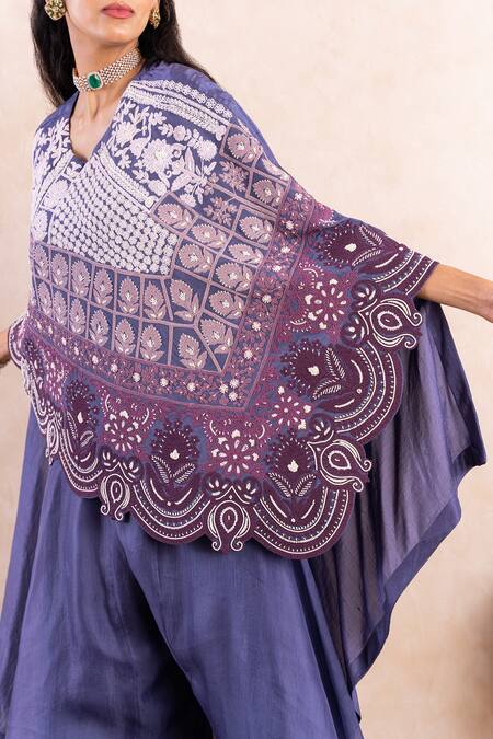 Shikha And Srishti Design_Purple Organza Dori, Pearl Work V Neck Embroidered Cape And Pant Set _Online_at_Aza_Fashions