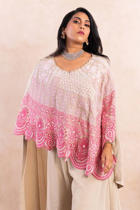 Shikha And Srishti Design_Beige Organza Dori, Pearl Work V Neck Embroidered Cape And Pant Set _Online_at_Aza_Fashions