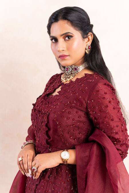 Shikha And Srishti Design_Maroon Crepe Cutdana, Sequins, Swarovski Cutwork Embroidered Kurta Sharara Set _Online_at_Aza_Fashions
