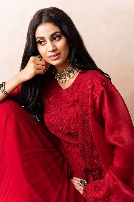 Buy_Shikha And Srishti Design_Red Kurta Georgette Dupatta Organza Dori, Beads Embroidered Anarkali Set _Online_at_Aza_Fashions