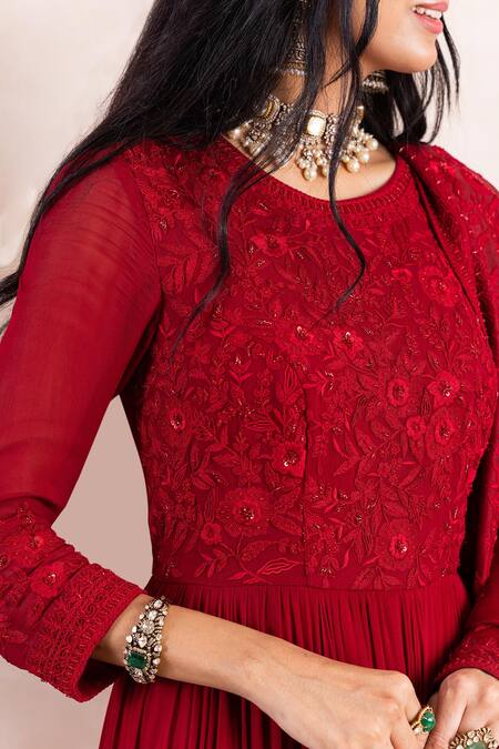 Shop_Shikha And Srishti Design_Red Kurta Georgette Dupatta Organza Dori, Beads Embroidered Anarkali Set _Online_at_Aza_Fashions