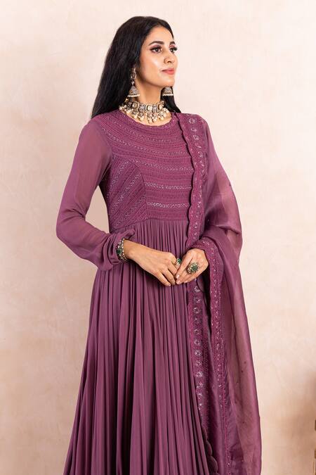 Shikha And Srishti Design_Purple Kurta Georgette Dupatta Organza Dori, Beads Embroidered Anarkali Set _Online_at_Aza_Fashions