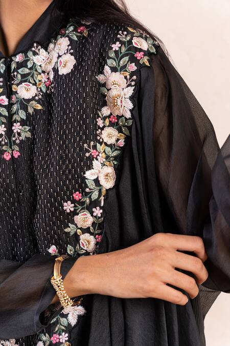 Buy_Shikha And Srishti Design_Grey Crepe Cutdana, Pearls, Thread Mandarin Collar Embroidered Tunic And Pant Set _Online_at_Aza_Fashions